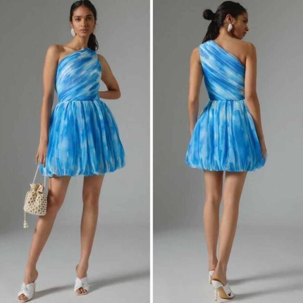One-Shoulder Blue Watercolor Mini Dress